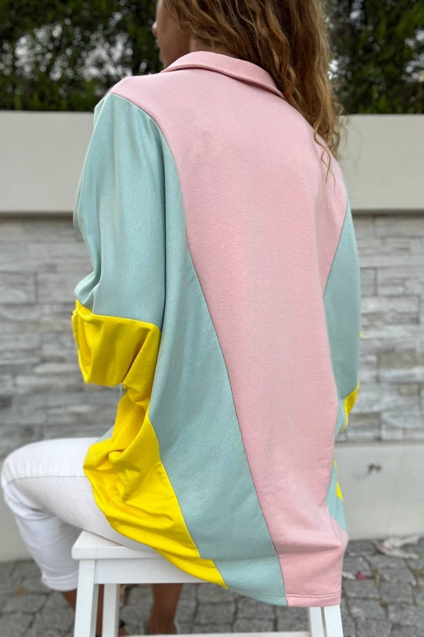 GNS Women's Powder-Mint Polo Neck Batwing Sleeve Color Block Loose Fit Sweatshirt Bst3473 - Hamilton