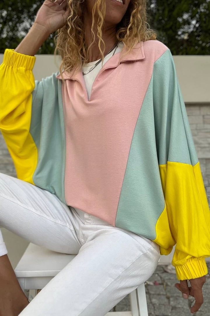 GNS Women's Powder-Mint Polo Neck Batwing Sleeve Color Block Loose Fit Sweatshirt Bst3473 - Hamilton