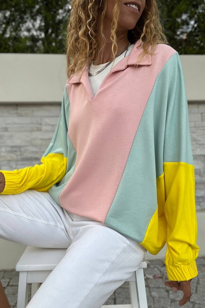 GNS Women's Powder-Mint Polo Neck Batwing Sleeve Color Block Loose Fit Sweatshirt Bst3473 - Hamilton