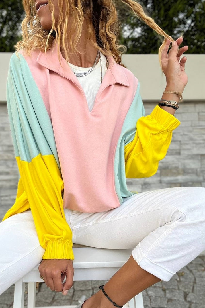 GNS Women's Powder-Mint Polo Neck Batwing Sleeve Color Block Loose Fit Sweatshirt Bst3473 - Hamilton