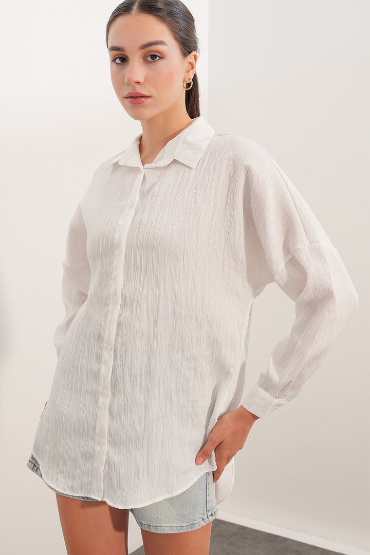 BGD Women Kadın Pul Detaylı Çizgili Oversize Gömlek 20411 - Beyaz - Lakewood