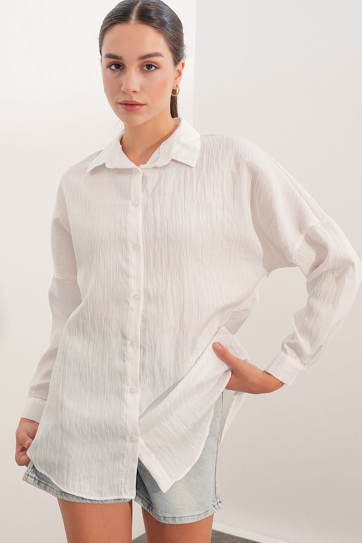 BGD Women Kadın Pul Detaylı Çizgili Oversize Gömlek 20411 - Beyaz - Lakewood