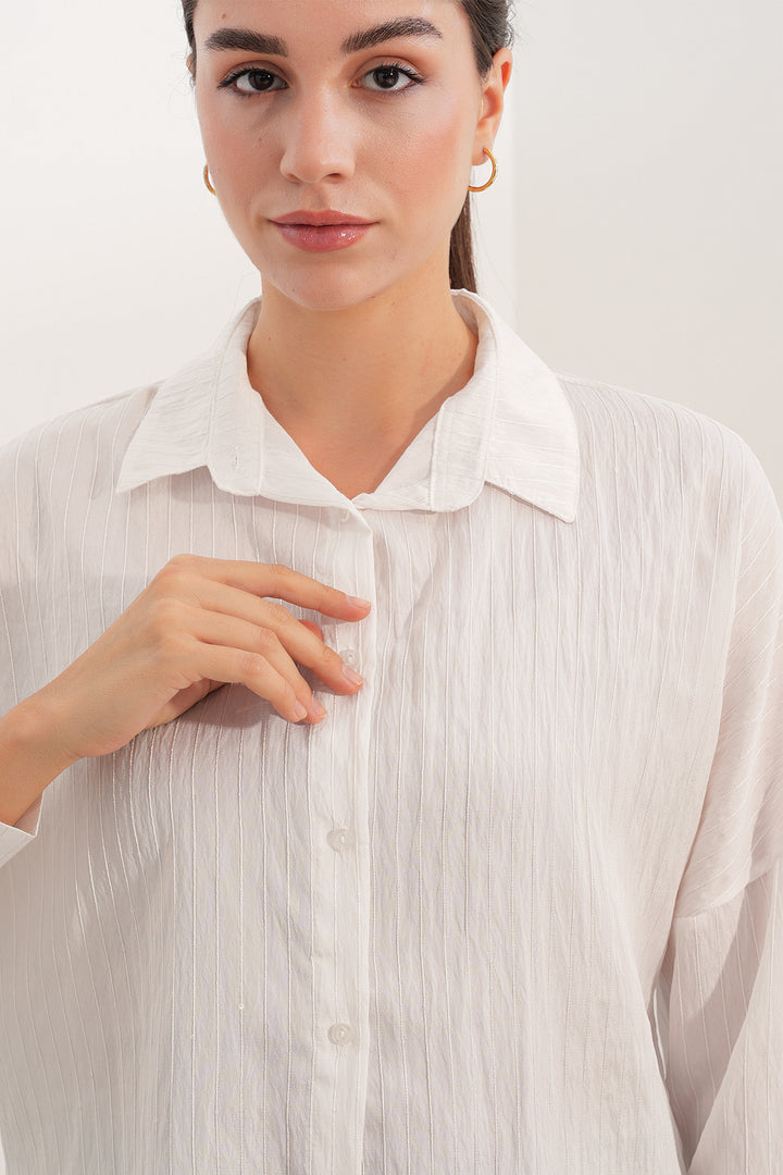 BGD Women Kadın Pul Detaylı Çizgili Oversize Gömlek 20411 - Beyaz - Lakewood
