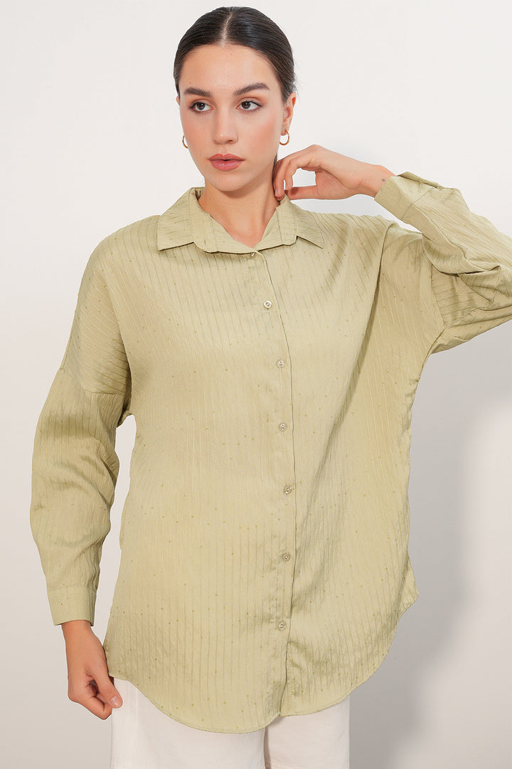 BGD Women Kadın Pul Detaylı Çizgili Oversize Gömlek 20411 - Çağla - Lisburn