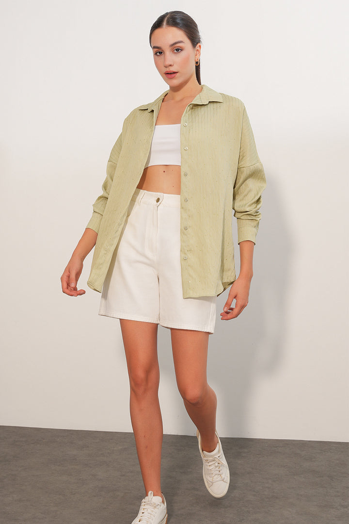BGD Women Kadın Pul Detaylı Çizgili Oversize Gömlek 20411 - Çağla - Lisburn