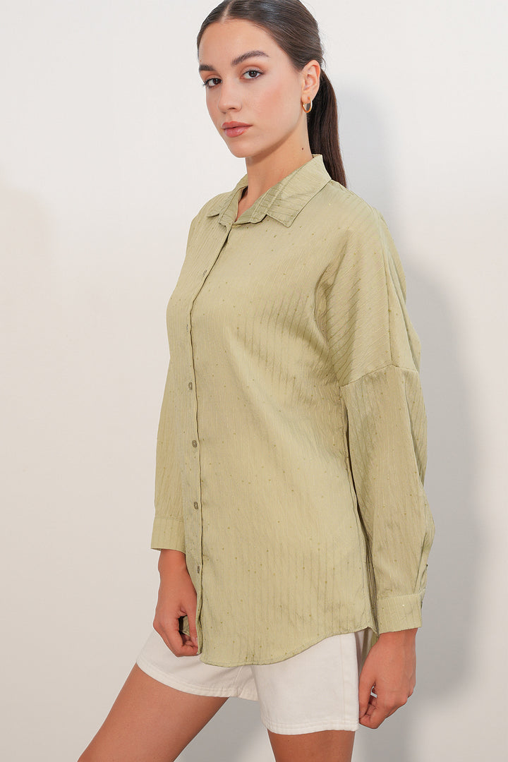 BGD Women Kadın Pul Detaylı Çizgili Oversize Gömlek 20411 - Çağla - Lisburn