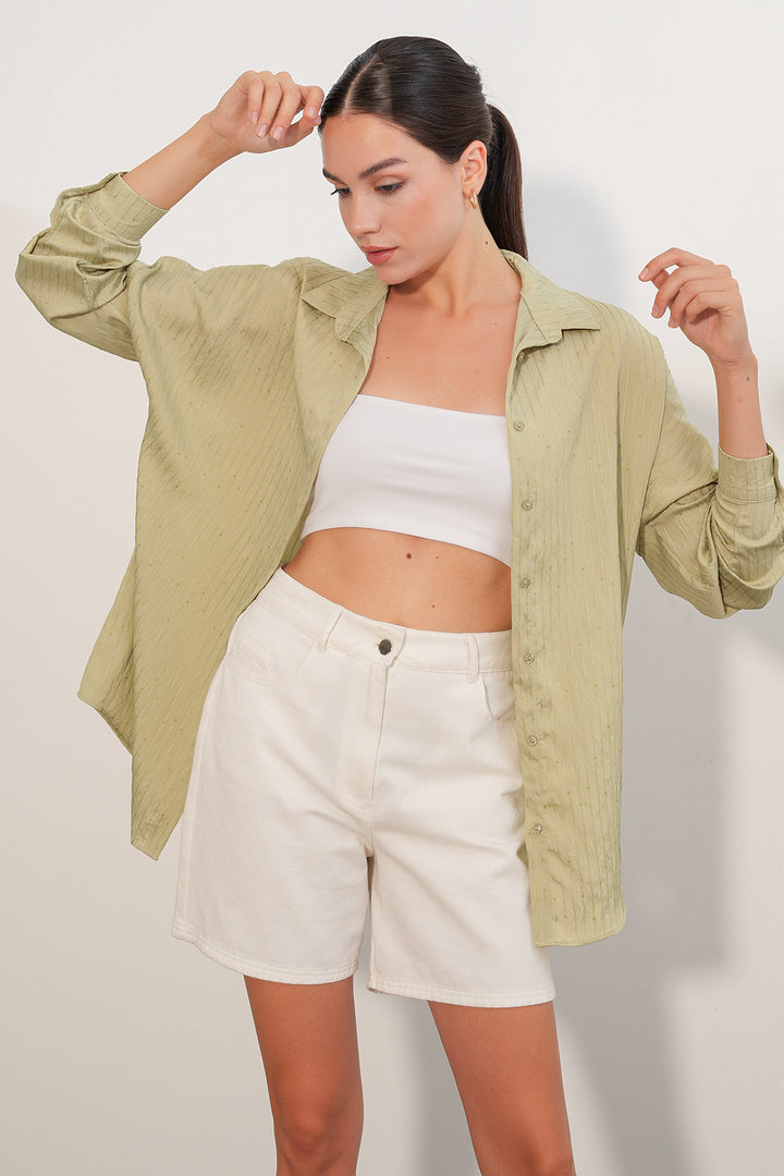 BGD Women Kadın Pul Detaylı Çizgili Oversize Gömlek 20411 - Çağla - Lisburn