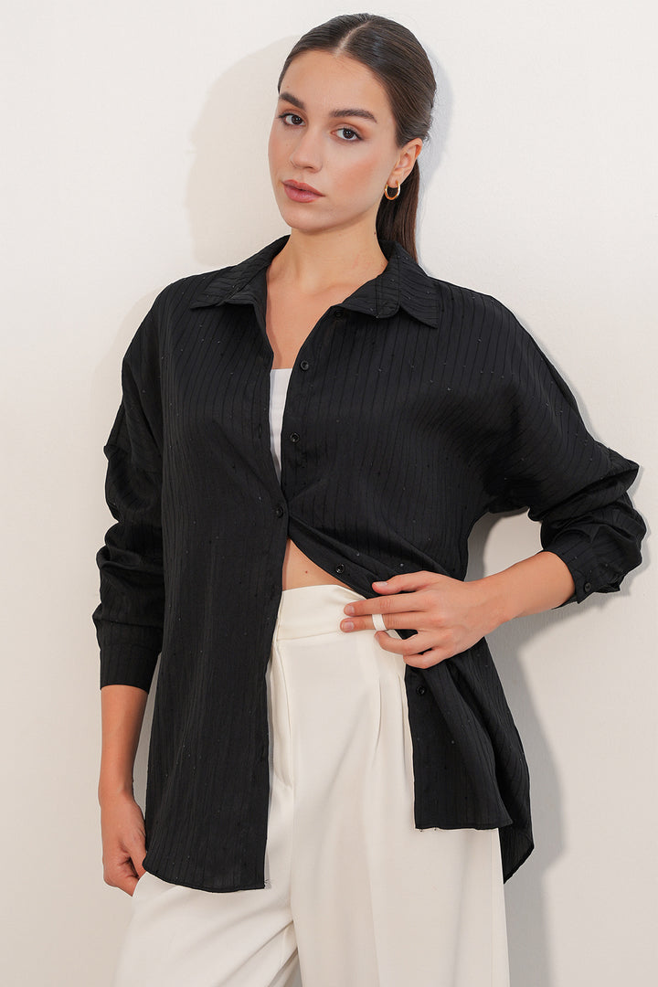 BGD Women Kadın Pul Detaylı Çizgili Oversize Gömlek 20411 - Siyah - Le Havre