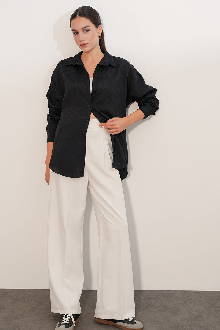 BGD Women Kadın Pul Detaylı Çizgili Oversize Gömlek 20411 - Siyah - Le Havre