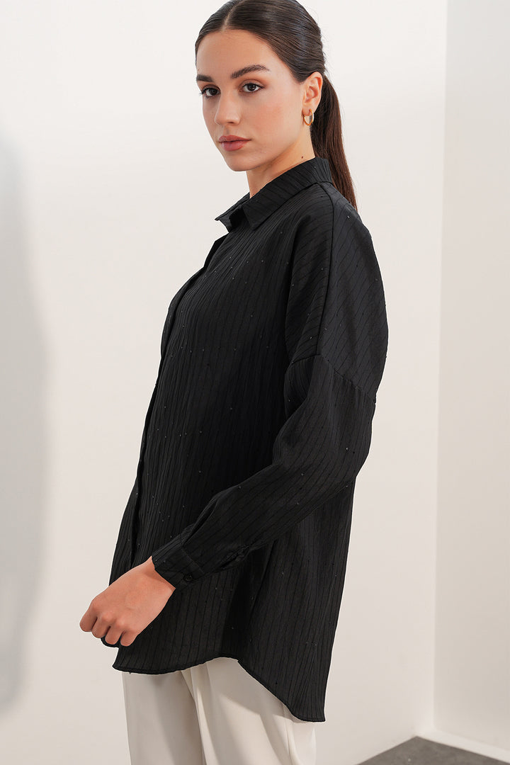BGD Women Kadın Pul Detaylı Çizgili Oversize Gömlek 20411 - Siyah - Le Havre