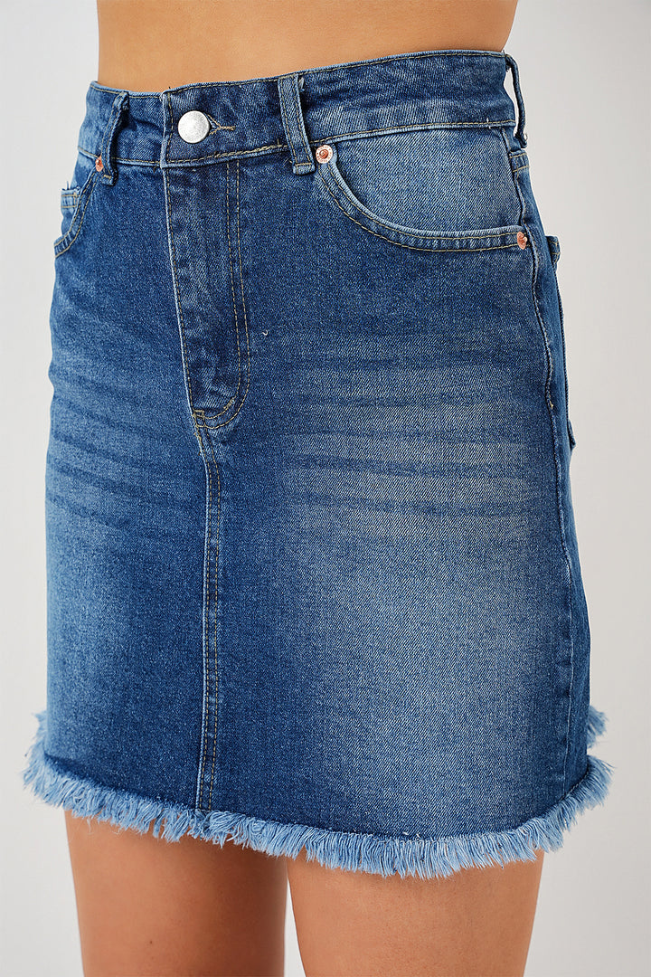 BGD Women Women's Fringed Mini Denim Skirt 8051 - Navy Blue - Orland Park