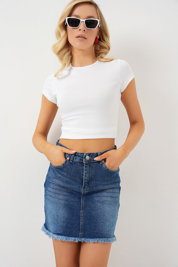 BGD Women Women's Fringed Mini Denim Skirt 8051 - Navy Blue - Orland Park
