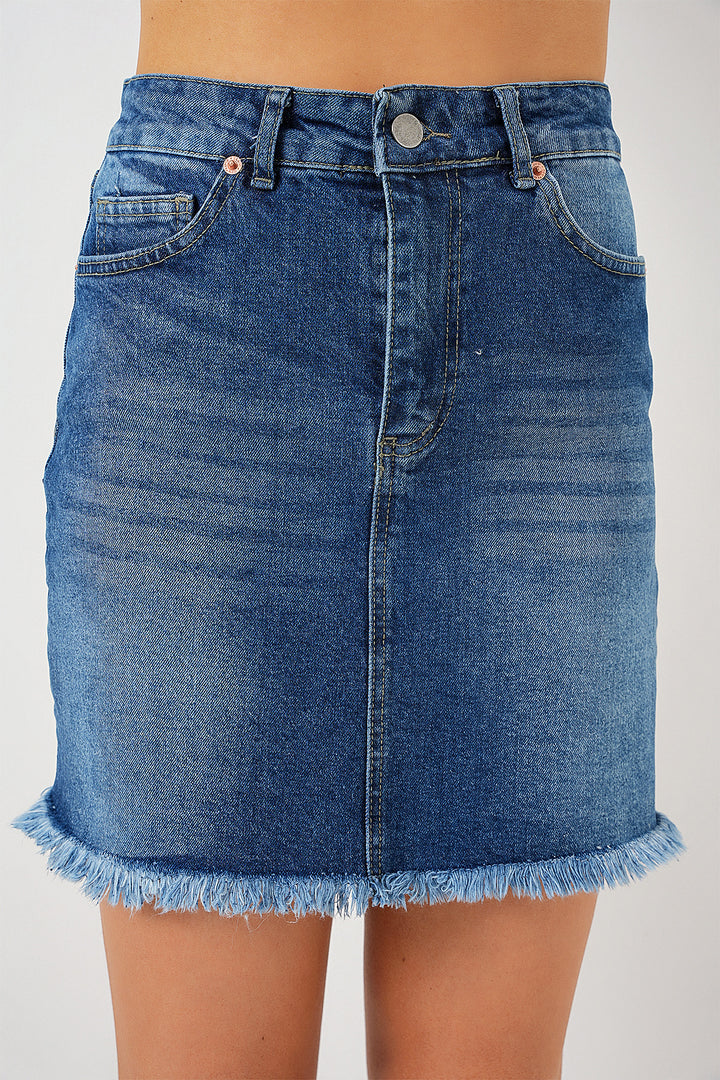 BGD Women Women's Fringed Mini Denim Skirt 8051 - Navy Blue - Orland Park