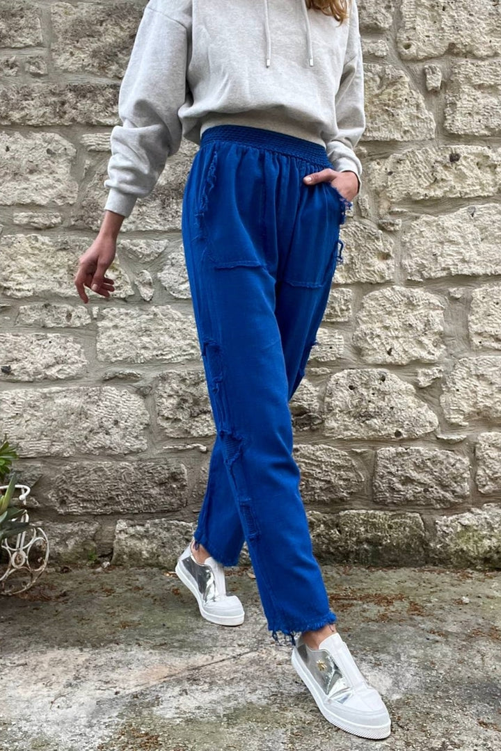 GNS Woman Saks Waist Elastic Washable Linen-Look Loose Fit Pants with Dirty Stitch Detail RSD1196 - Puyallup
