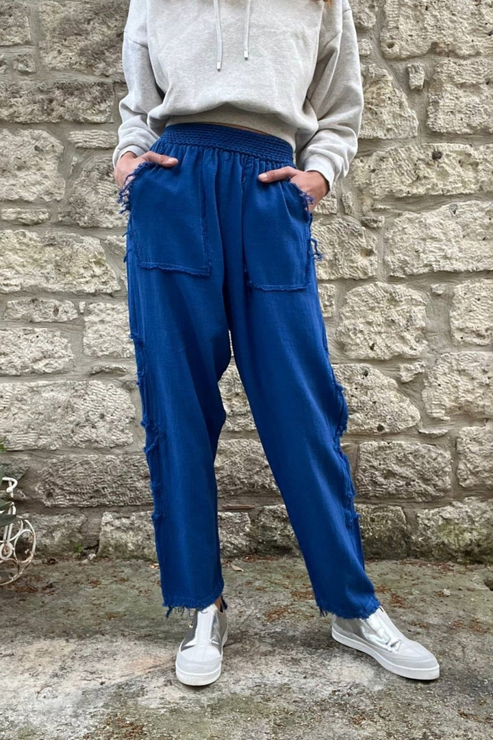 GNS Woman Saks Waist Elastic Washable Linen-Look Loose Fit Pants with Dirty Stitch Detail RSD1196 - Puyallup