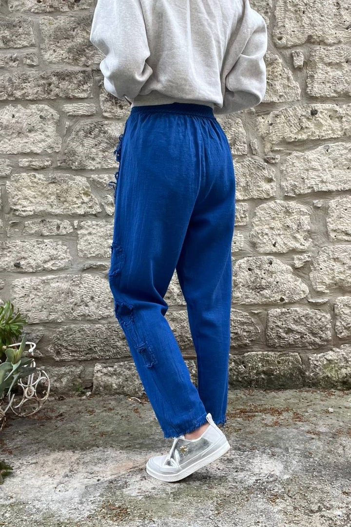 GNS Woman Saks Waist Elastic Washable Linen-Look Loose Fit Pants with Dirty Stitch Detail RSD1196 - Puyallup