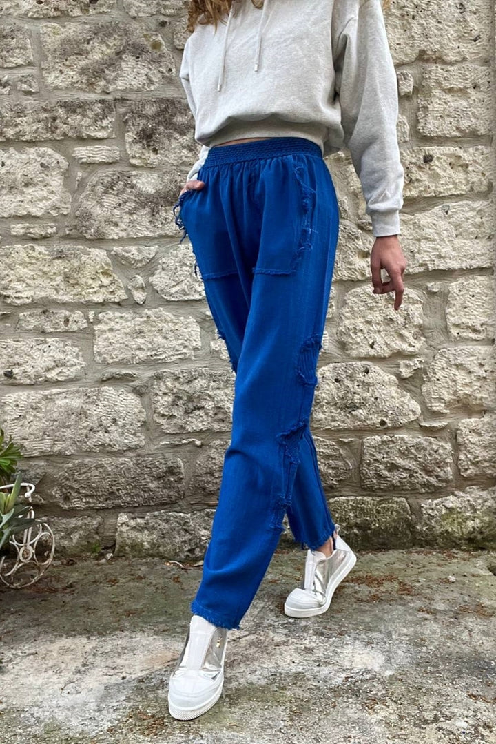 GNS Woman Saks Waist Elastic Washable Linen-Look Loose Fit Pants with Dirty Stitch Detail RSD1196 - Puyallup