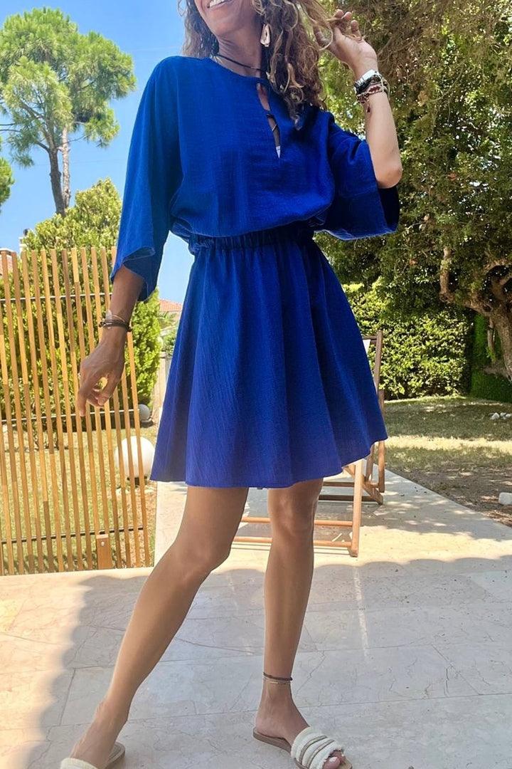 GNS Woman Saks طوق شق الخصر مطاطا كم الخفافيش فستان فضفاض ناعم BST3654 - Santee