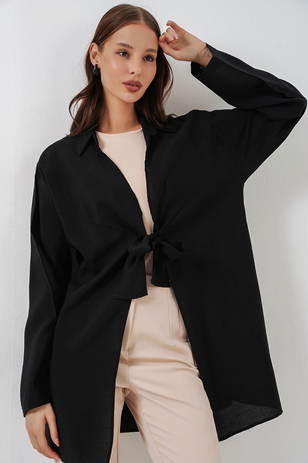 BGD Women Kadın Salaş Bağcıklı Kimono 5981 - Siyah - Bacău
