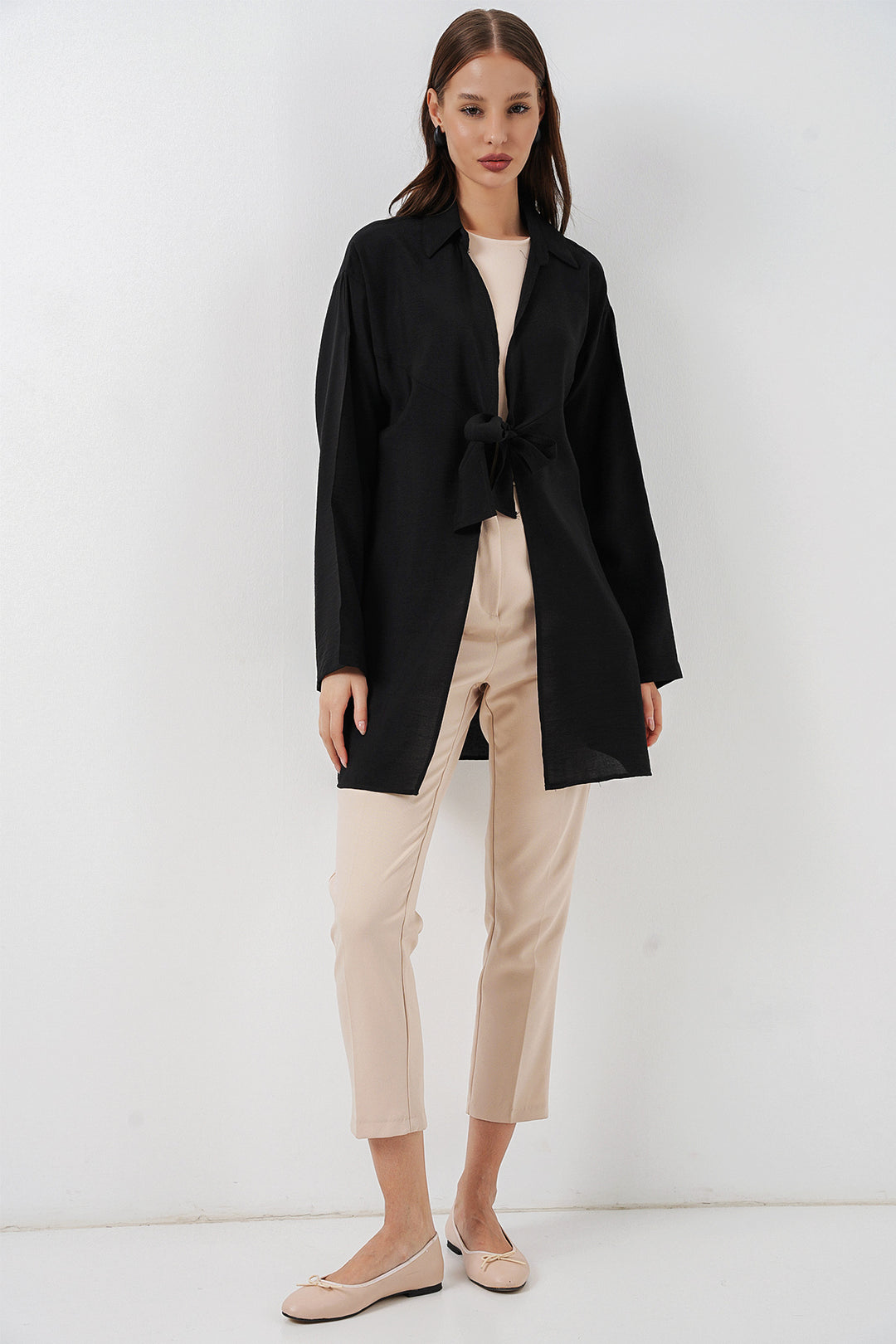 BGD Women Kadın Salaş Bağcıklı Kimono 5981 - Siyah - Bacău