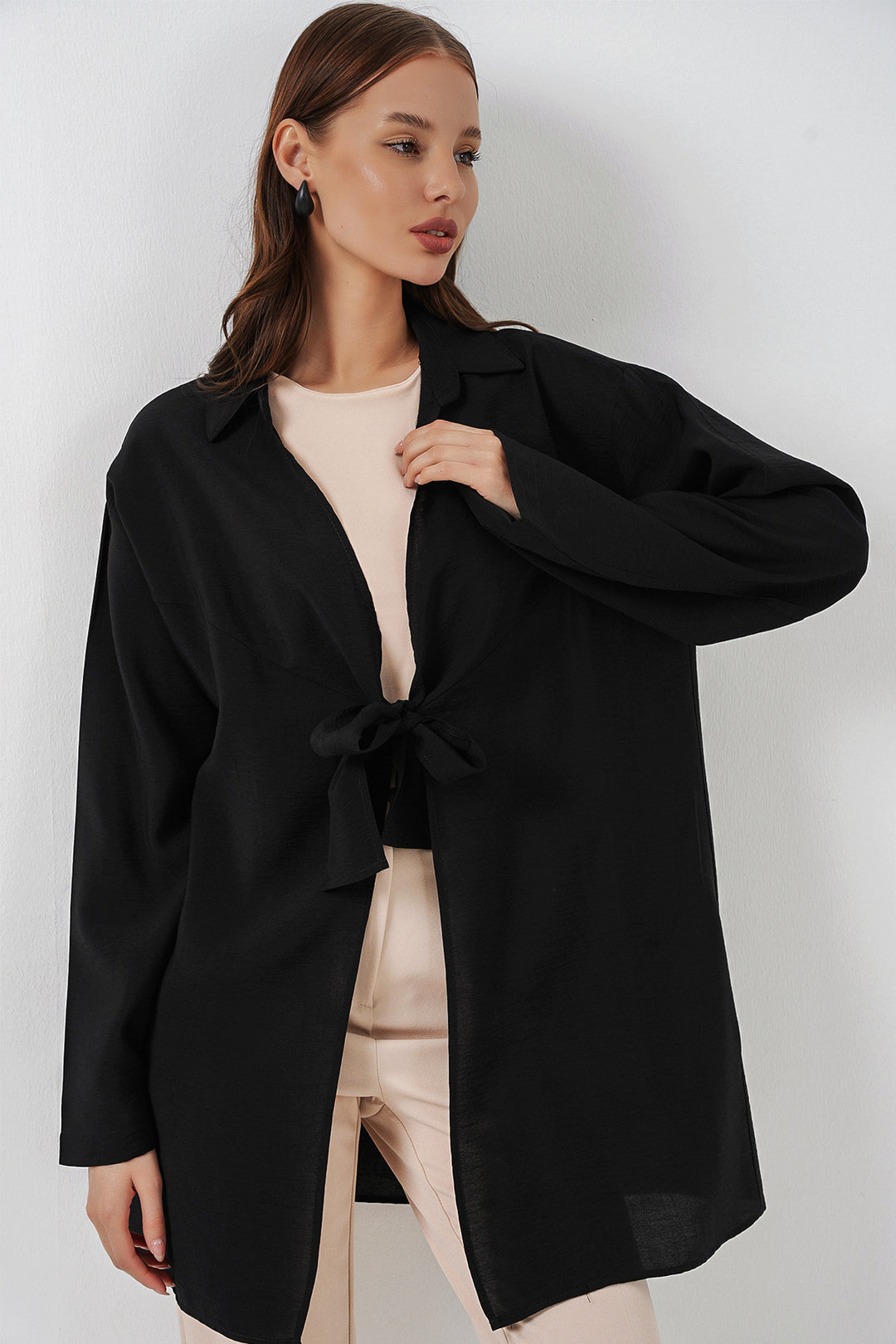 BGD Women Kadın Salaş Bağcıklı Kimono 5981 - Siyah - Bacău