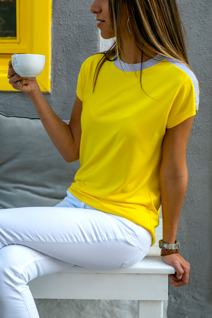GNS Woman Yellow Color Block Shoulder Embroidered T-Shirt Bst3229 - Bangor