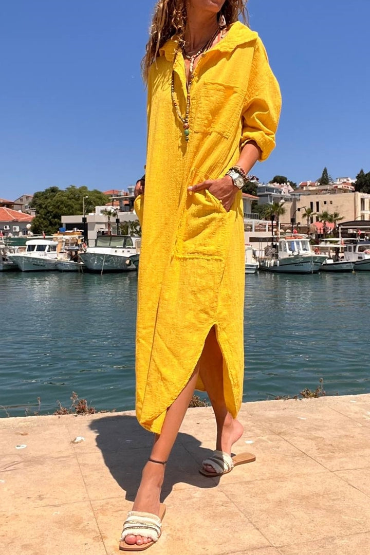 GNS Woman Yellow Washed Linen Half Buttoned Dress RSD2083 - Telde
