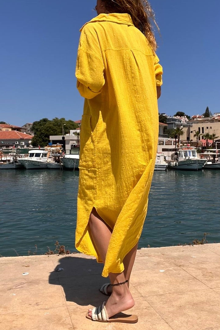 GNS Woman Yellow Washed Linen Half Buttoned Dress RSD2083 - Telde