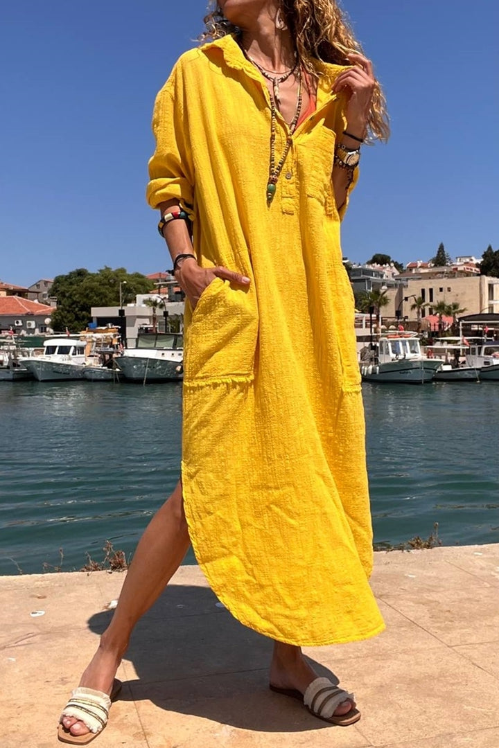 GNS Woman Yellow Washed Linen Half Buttoned Dress RSD2083 - Telde