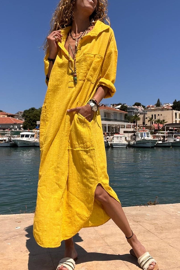 GNS Woman Yellow Washed Linen Half Buttoned Dress RSD2083 - Telde