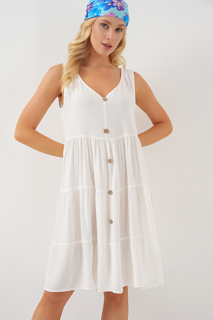 BGD Women Woman Zero Sleeve Buttoned Short Dress 2571 - White - Olney