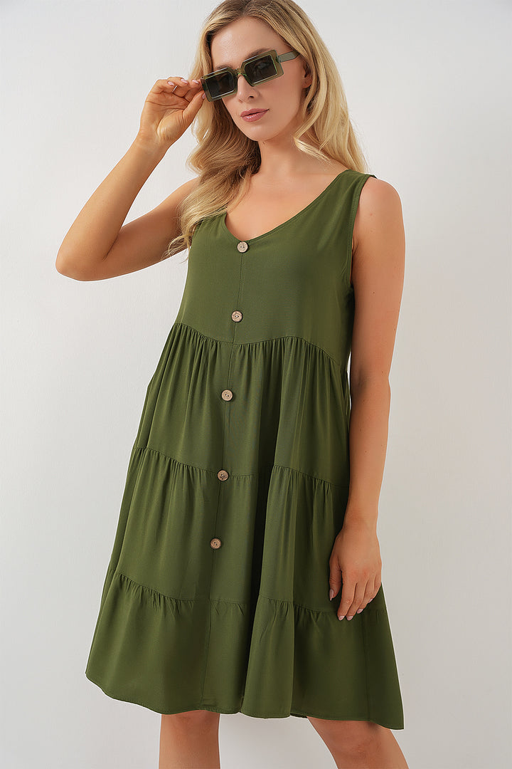 BGD Women Woman Zero Sleeve Buttoned Short Dress 2571 - Khaki - Jalacingo