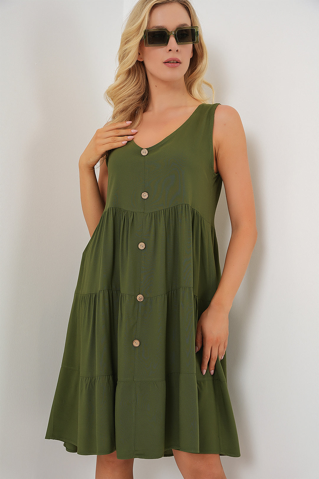 BGD Women Woman Zero Sleeve Buttoned Short Dress 2571 - Khaki - Jalacingo