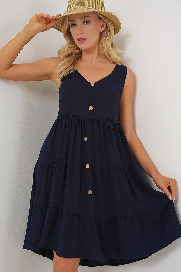 BGD Women Woman Zero Sleeve Buttoned Short Dress 2571 - Navy Blue - Mesquite