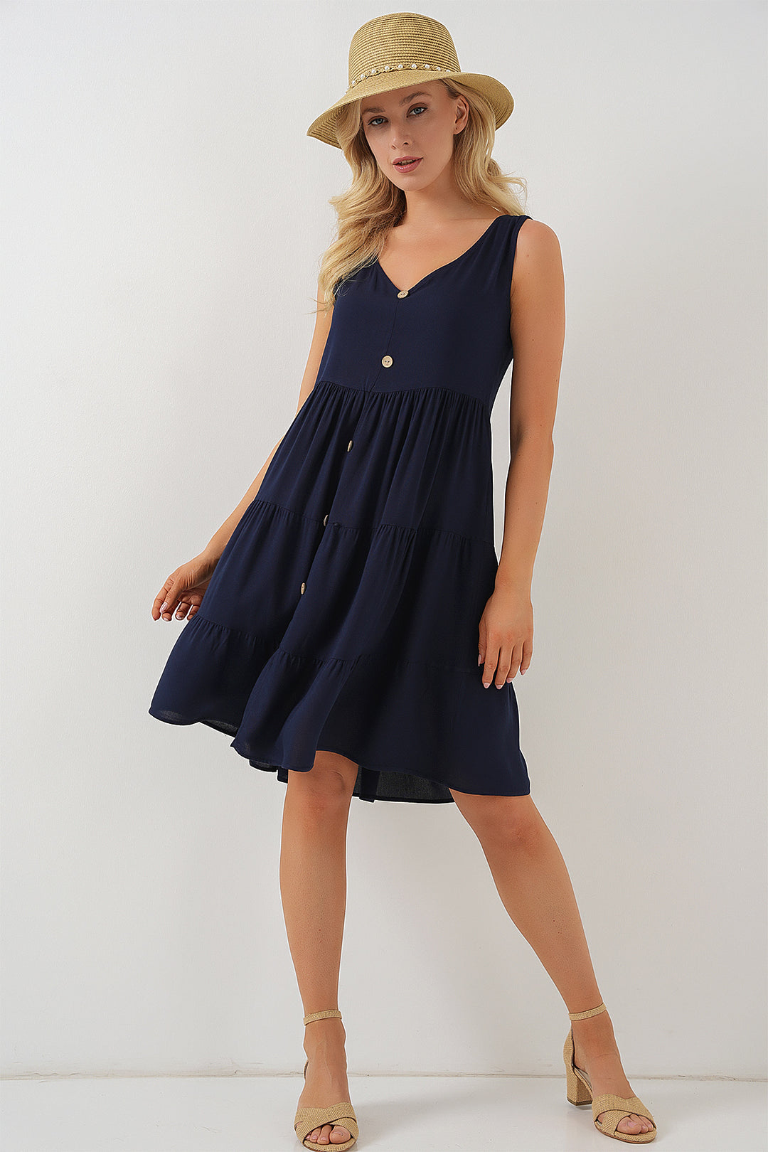 BGD Women Woman Zero Sleeve Buttoned Short Dress 2571 - Navy Blue - Mesquite