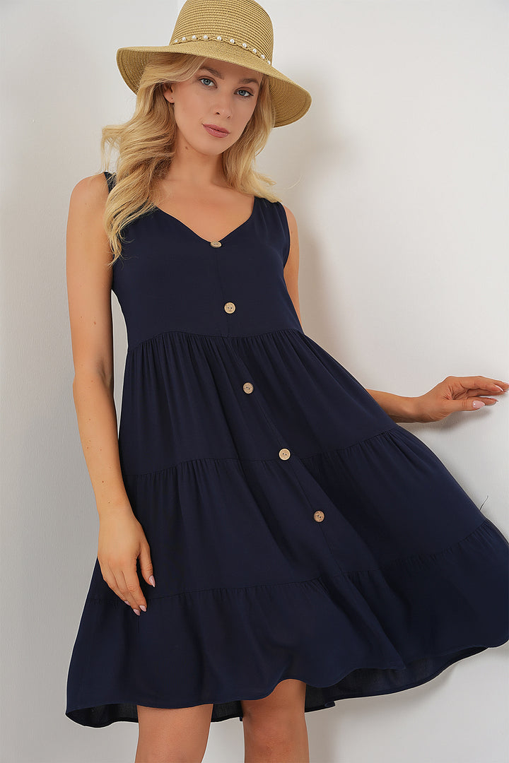 BGD Women Woman Zero Sleeve Buttoned Short Dress 2571 - Navy Blue - Mesquite