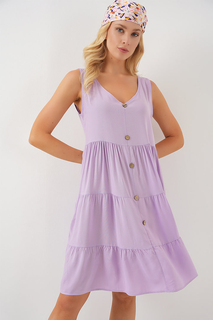 BGD Women Women's Zero Sleeve Buttoned Short Dress 2571 - Lilac - Placentia