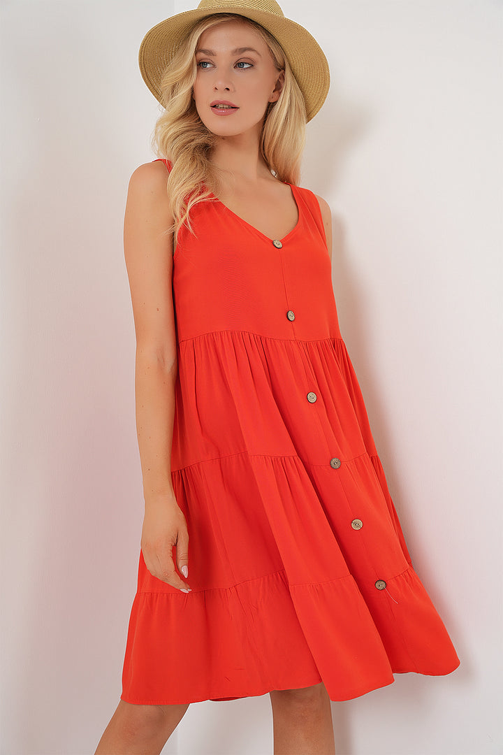 BGD Women Woman Zero Sleeve Buttoned Short Dress 2571 - Pomegranate - Valladolid