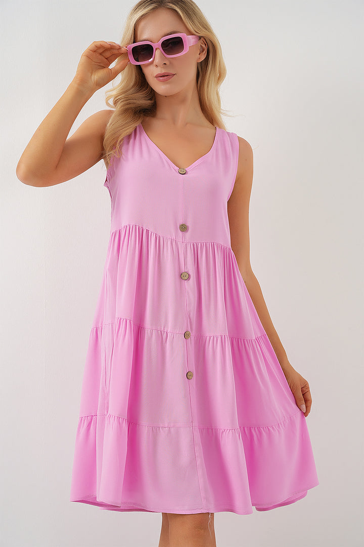 BGD Women Woman Zero Sleeve Buttoned Short Dress 2571 - Pink - Mandeville