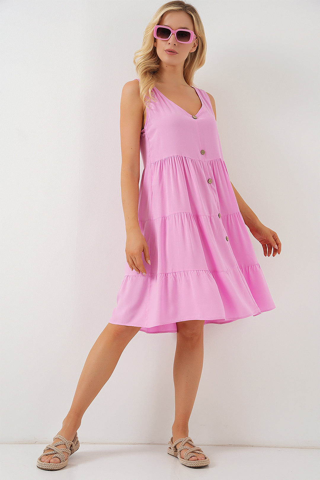 BGD Women Woman Zero Sleeve Buttoned Short Dress 2571 - Pink - Mandeville