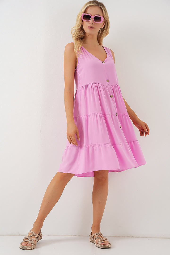 BGD Women Woman Zero Sleeve Buttoned Short Dress 2571 - Pink - Mandeville