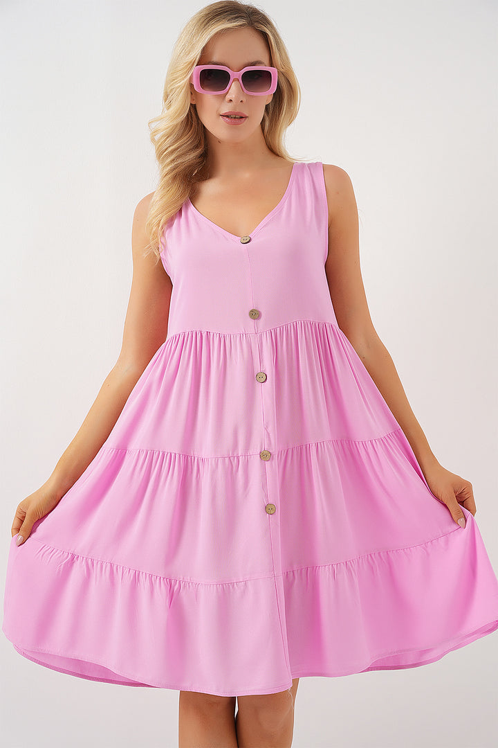 BGD Women Woman Zero Sleeve Buttoned Short Dress 2571 - Pink - Mandeville