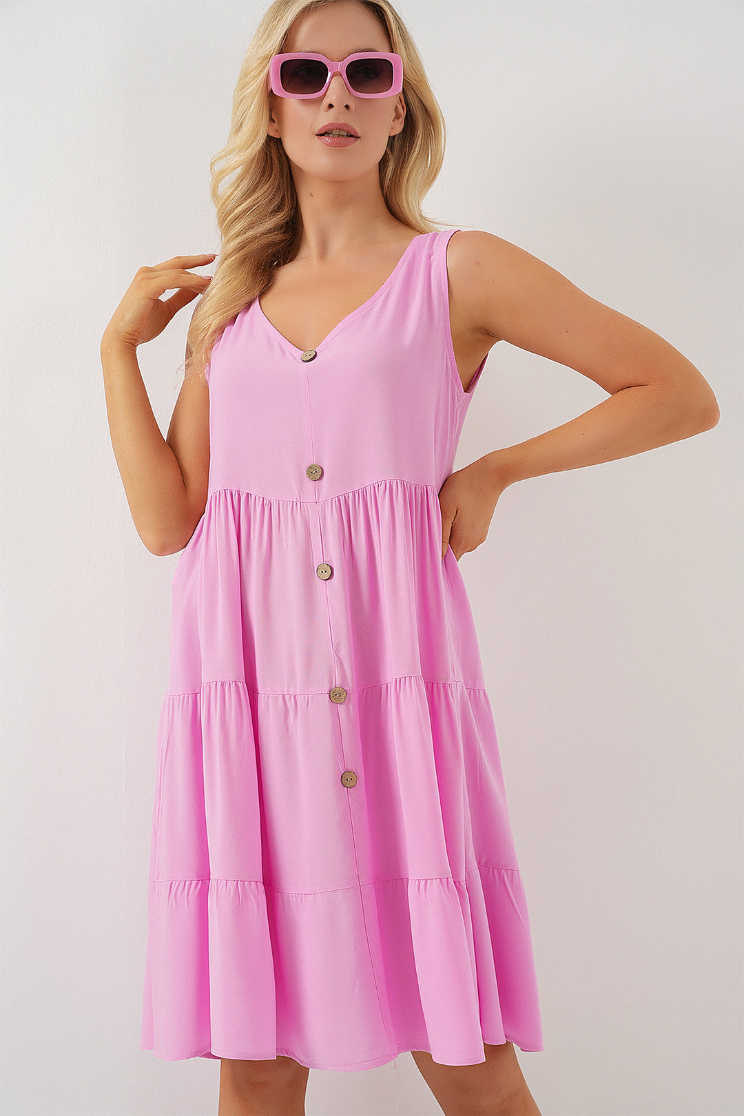 BGD Women Woman Zero Sleeve Buttoned Short Dress 2571 - Pink - Mandeville