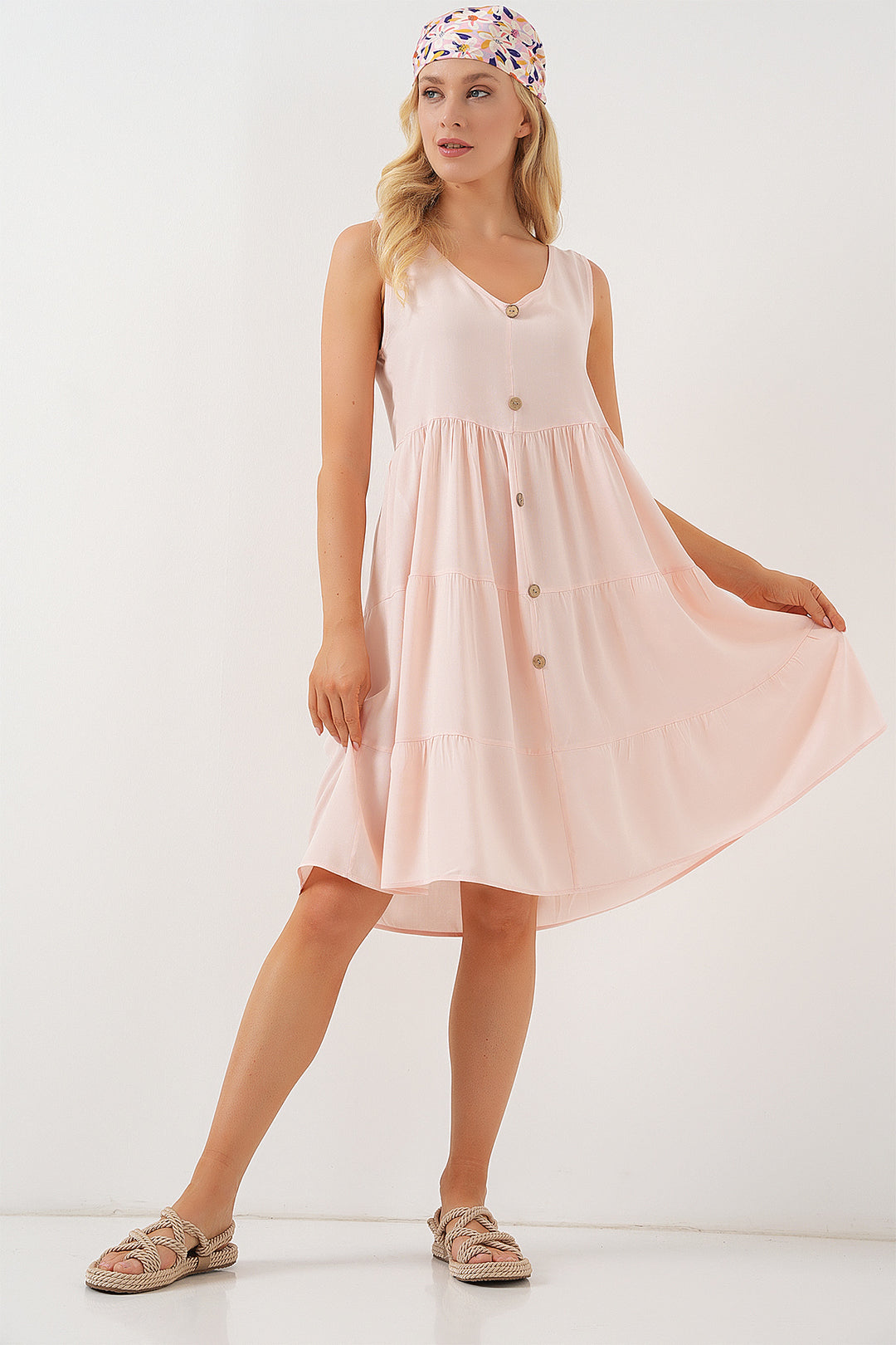 BGD Women Woman Zero Sleeve Buttoned Short Dress 2571 - Powder - Wheaton