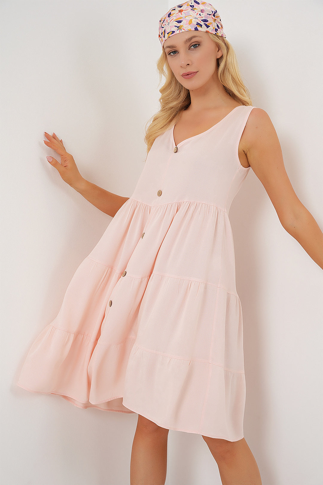 BGD Women Woman Zero Sleeve Buttoned Short Dress 2571 - Powder - Wheaton