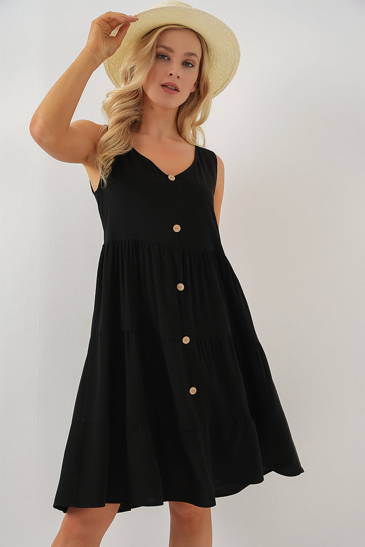 BGD Women Woman Zero Sleeve Buttoned Short Dress 2571 - Black - Meaux