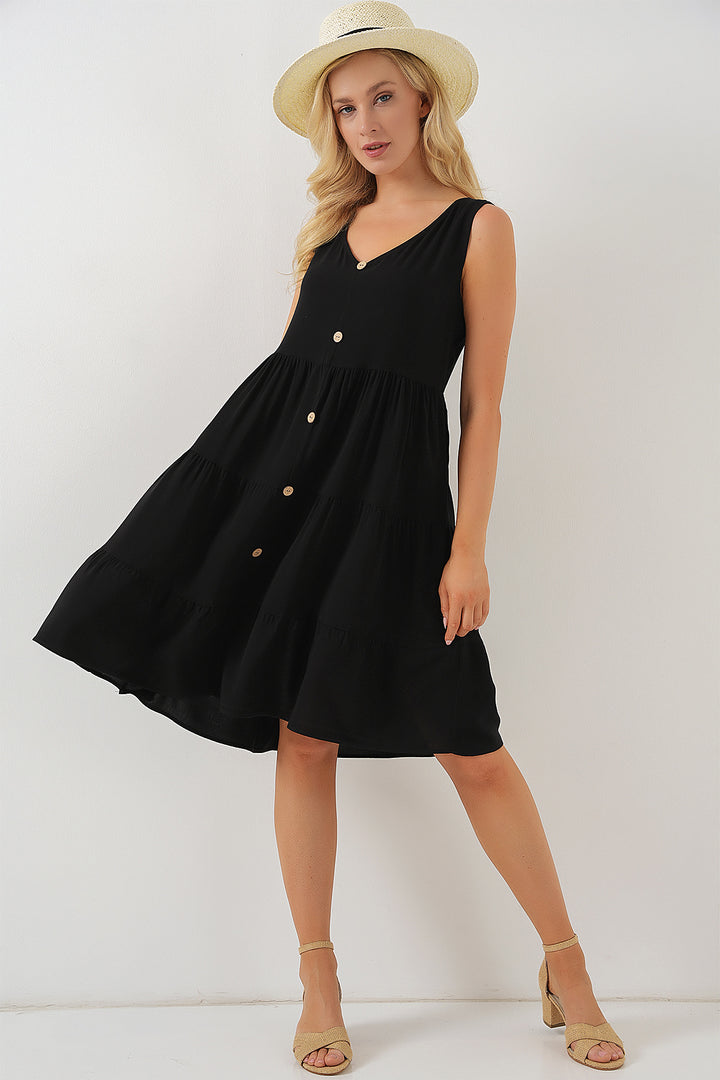 BGD Women Woman Zero Sleeve Buttoned Short Dress 2571 - Black - Meaux