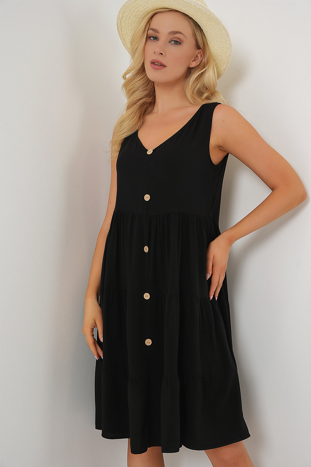 BGD Women Woman Zero Sleeve Buttoned Short Dress 2571 - Black - Meaux