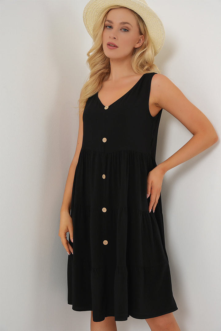 BGD Women Woman Zero Sleeve Buttoned Short Dress 2571 - Black - Meaux