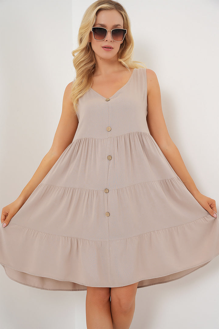 BGD Women Woman Zero Sleeve Buttoned Short Dress 2571 - Stone - Blackpool